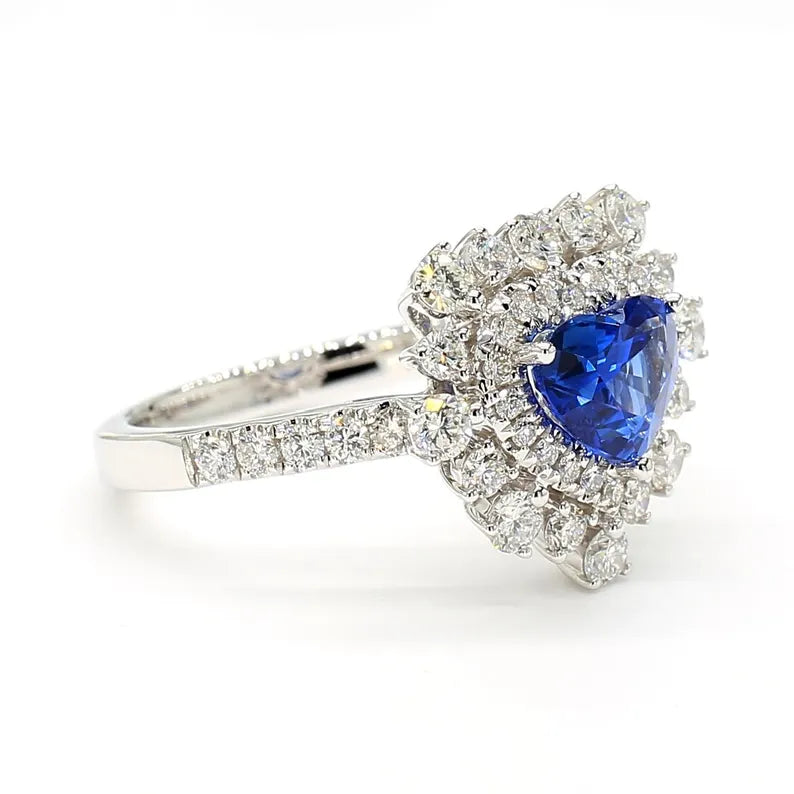 18K Solid Gold Blue Heart Sapphire & Lab Grown White Diamond 2.36 Carat Cocktail Ring - Side View