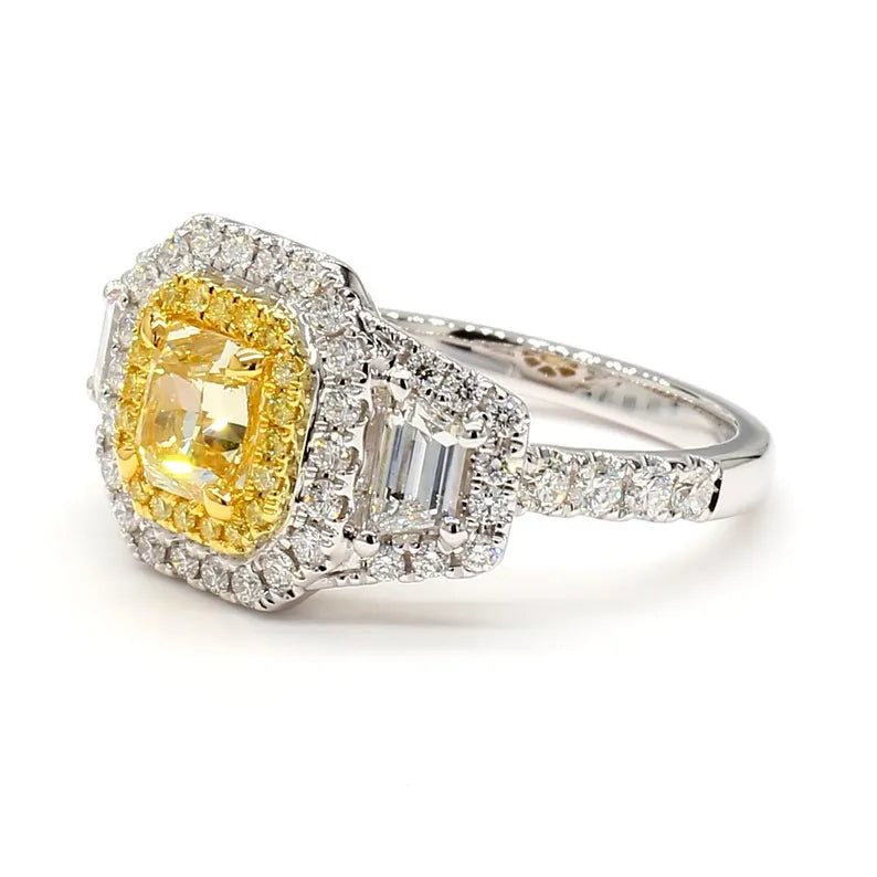 18K Solid Gold 2.05 Carat Cushion Yellow Lab Grown Diamond Cocktail Ring - Close Up