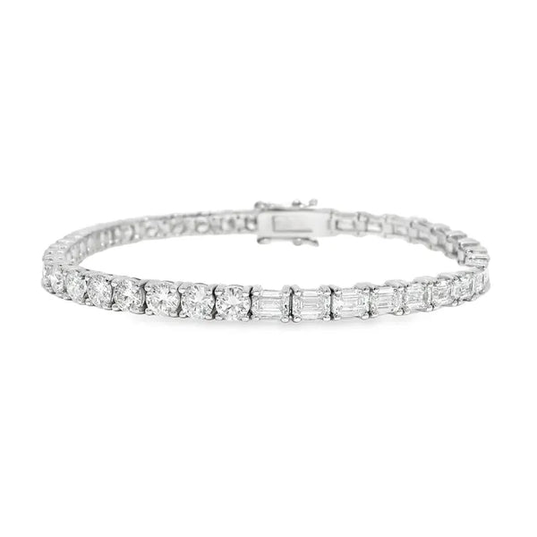 18K Solid Gold 10.39 Carat Emerald and Round Cut Lab Grown Diamond 4 Prong Tennis Bracelet