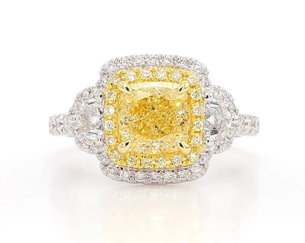14K 3.05ct Lab Grown Yellow Diamond Cushion Cut Cocktail Ring