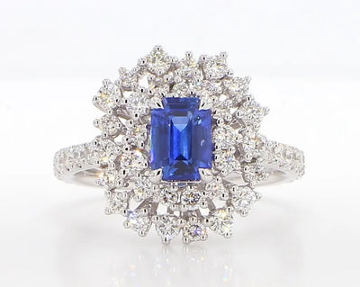18K Solid Gold Blue Radiant Sapphire & Lab Grown White Diamond 2.36 Carat Cocktail Ring