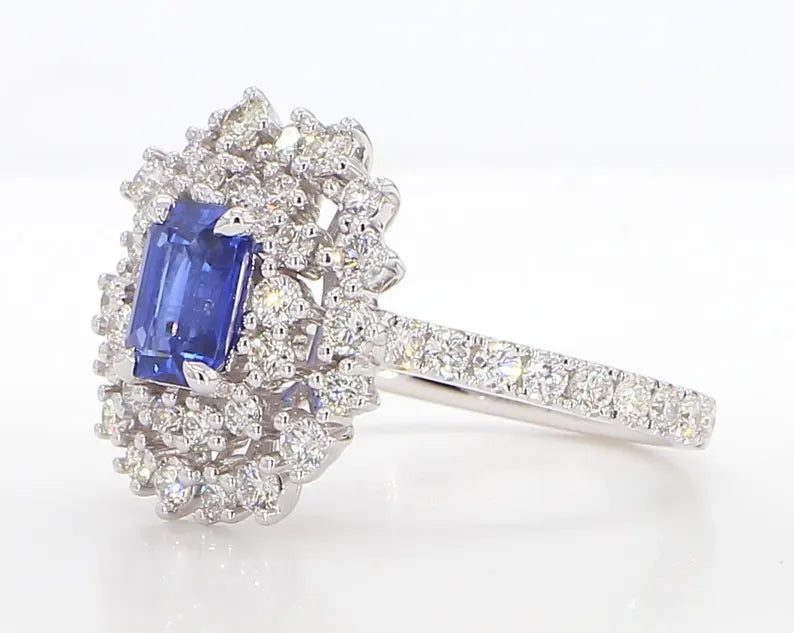 18K Solid Gold Blue Radiant Sapphire & Lab Grown White Diamond 2.36 Carat Cocktail Ring - Side View