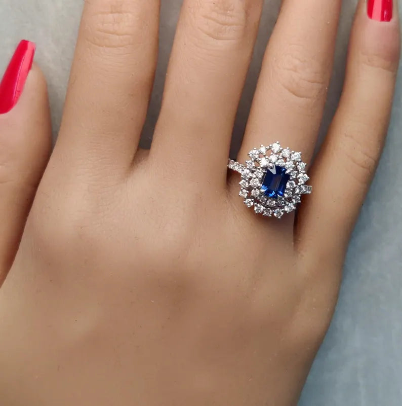 18K Solid Gold Blue Radiant Sapphire & Lab Grown White Diamond 2.36 Carat Cocktail Ring - Alternate Angle | Riyanika Jewels
