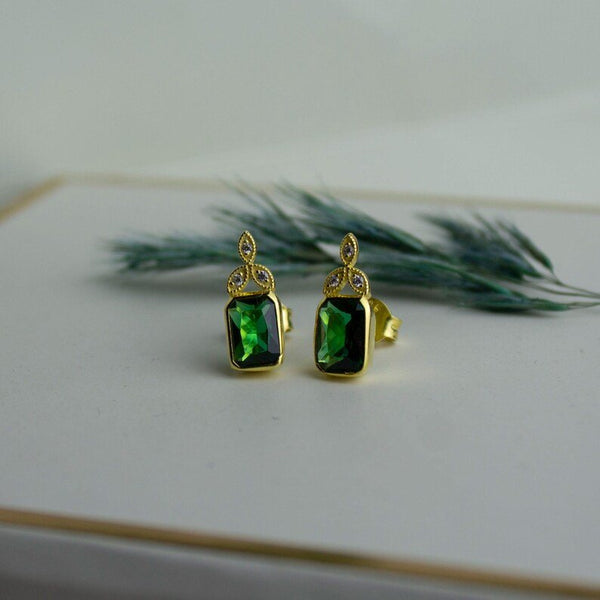 18K Solid Gold Emerald Stud Earrings - Side View | Riyanika Jewels