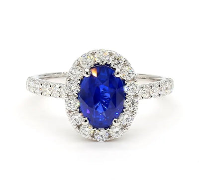 18K Solid Gold Blue Oval Sapphire & Lab Grown White Diamond 2.45 Carat Cocktail Ring