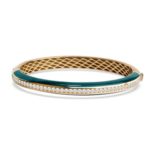 14K Solid Gold Lab Grown Diamond and Malachite Enamel Bangle Bracelet