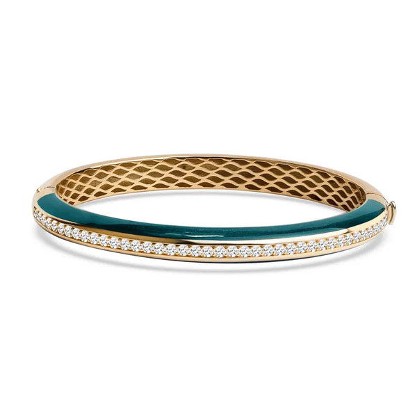 14K Solid Gold Natural Diamond and Malachite Enamel Bangle Bracelet