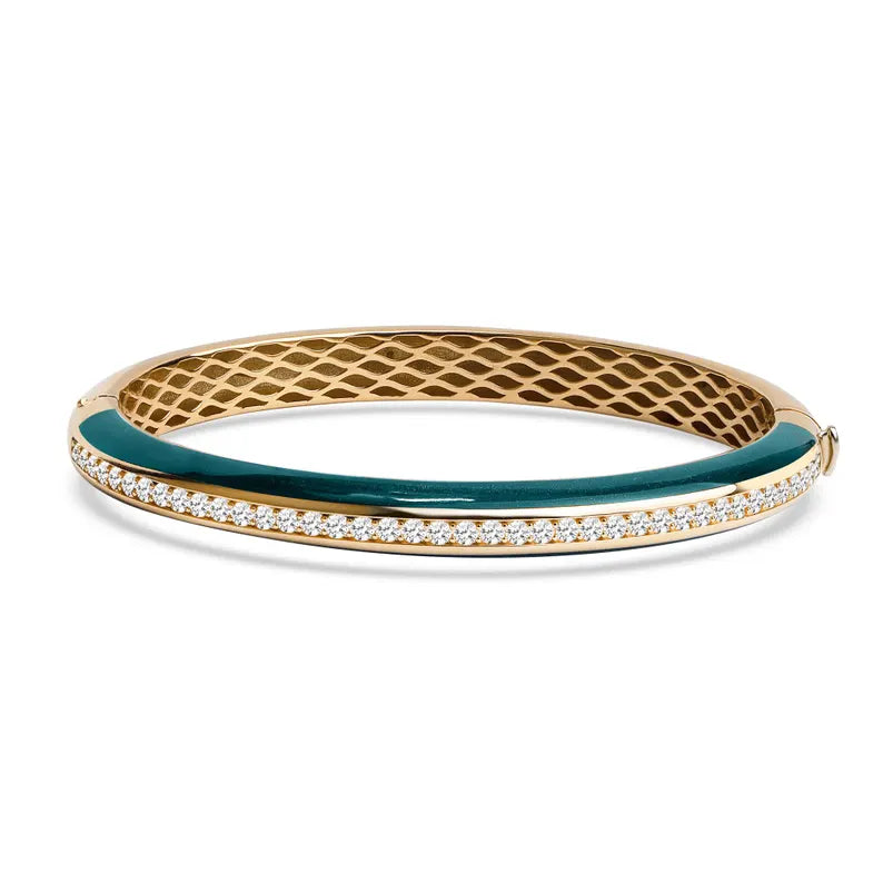18K Solid Gold Lab Grown Diamond and Malachite Enamel Bangle Bracelet - Close Up | Riyanika Jewels
