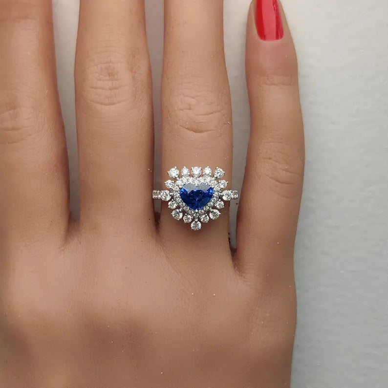 18K Solid Gold Blue Heart Sapphire & Lab Grown White Diamond 2.36 Carat Cocktail Ring - Alternate Angle | Riyanika Jewels