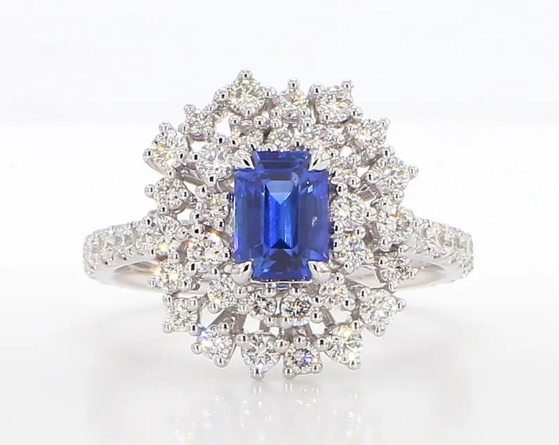 18K Solid Gold Blue Radiant Sapphire & Lab Grown White Diamond 2.36 Carat Cocktail Ring - Detail