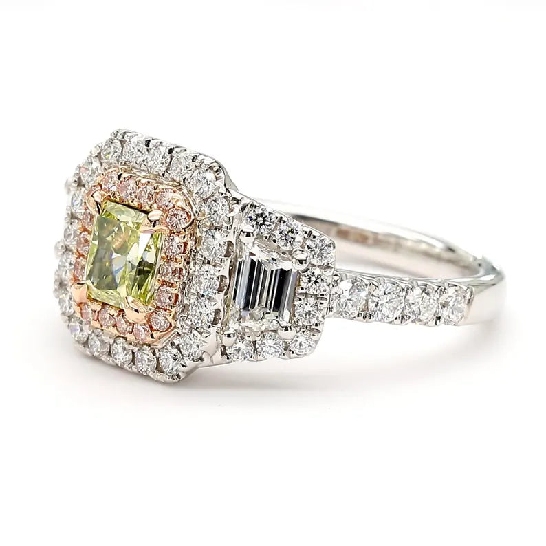 18K Solid Gold IGI Certified Lab Grown Fancy Green-Yellow Radiant Diamond 1.81 Carat CTW Ring - Close Up | Riyanika Jewels