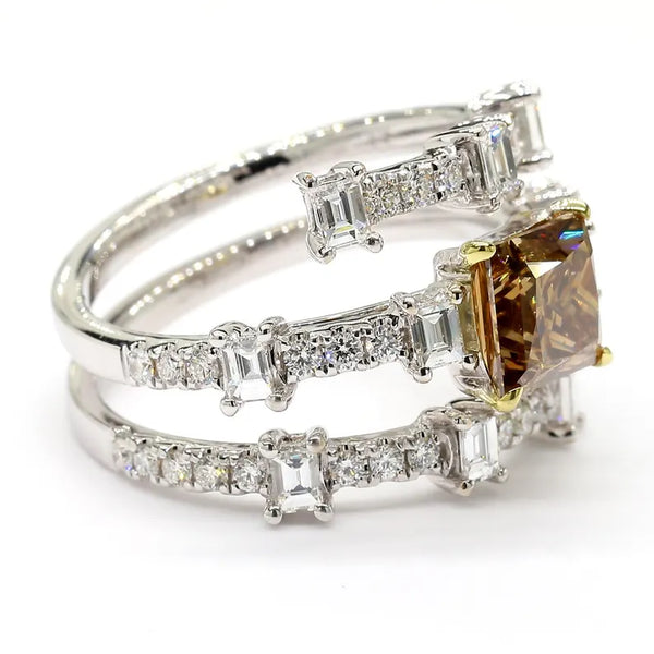 18K Solid Gold 3.19 Carat Princess Dark Yellowish Brown Lab Grown Diamond Ring - Side View | Riyanika Jewels