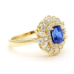 18K Solid Gold Blue Cushion Sapphire & Lab Grown White Diamond 2.52 Carat Cocktail Ring - Close Up