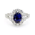 18K Solid Gold Blue Oval Sapphire & Lab Grown White Diamond 2.47 Carat Cocktail Ring - Detail