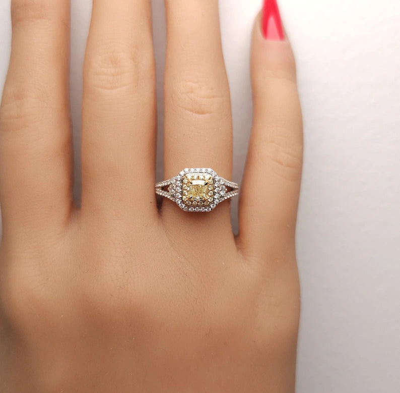 18K Solid Gold Cushion Lab Grown Fancy Yellow Diamond 1.01 Carat Cocktail Ring | Riyanika Jewels