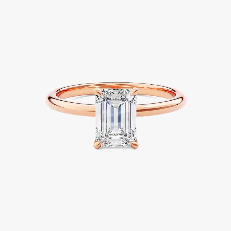 14K 1ct Natural Diamond Emerald Cut Solitaire Engagement Ring