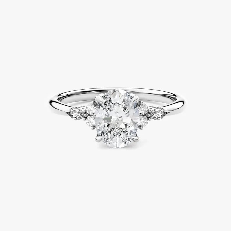 18K Solid Gold 2.00 CT Oval Cut Natural Diamond Cluster Accent Engagement Ring - Side View