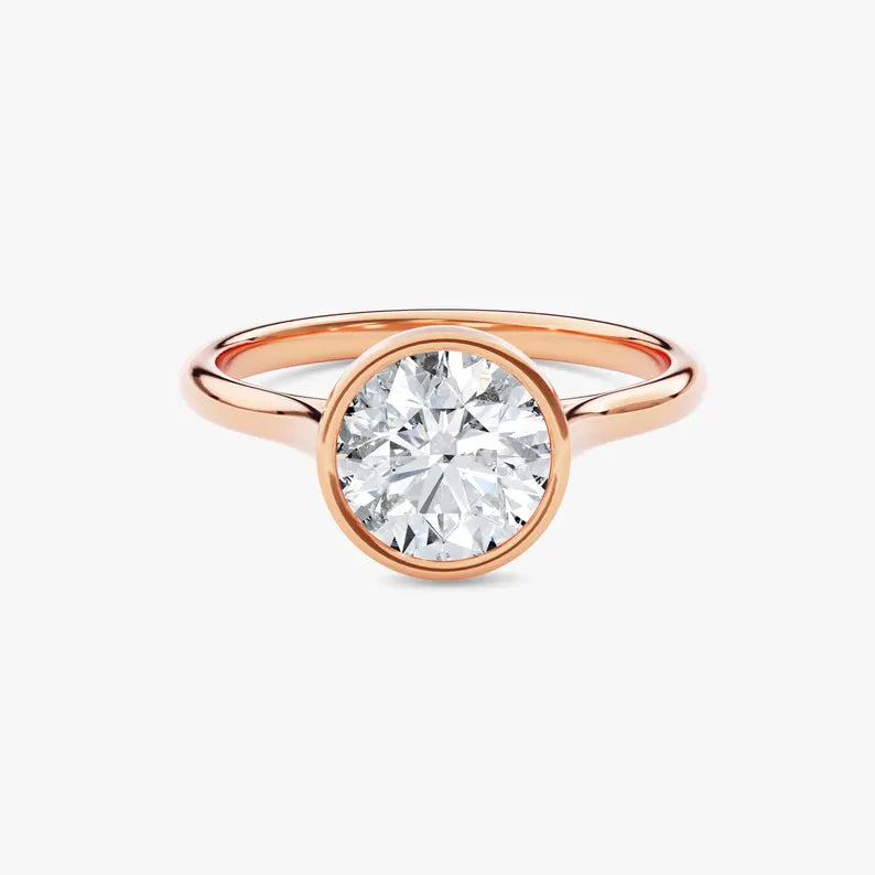 18K Solid Gold 1.00 CT Round Cut Lab Grown Diamond Bezel Engagement Ring - Detail | Riyanika Jewels