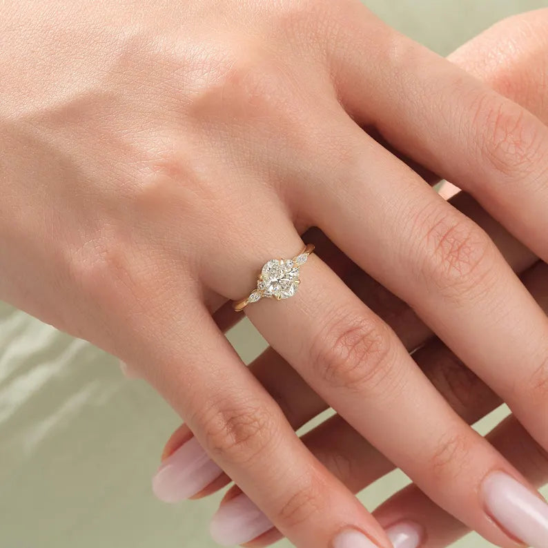 18K Solid Gold 2.00 CT Oval Cut Natural Diamond Cluster Accent Engagement Ring - View 7