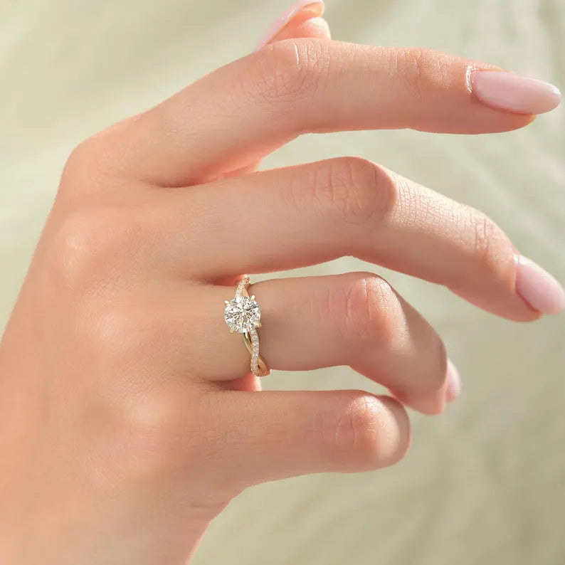 18K Solid Gold 1.00 CT Round Cut Twisted Lab Grown Diamond Engagement Ring with Side stones - View 6