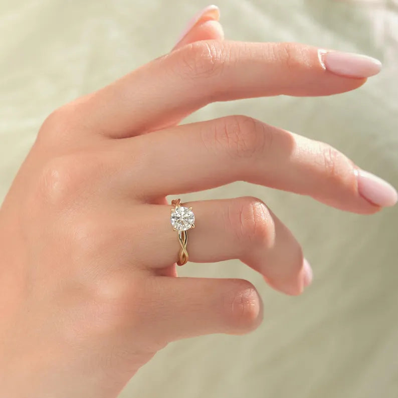 18K Solid Gold 1.00 CT Round Cut Twisted Solitaire Lab Grown Diamond Engagement Ring - View 6