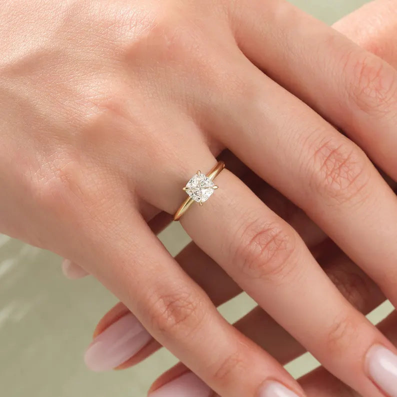 14K 1ct Natural Diamond Cushion Cut Solitaire Engagement Ring