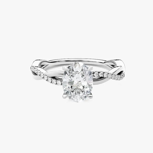 18K Solid Gold 2.00 CT Oval Cut Twisted Lab Grown Diamond Engagement Ring with Pave Set Sidestones