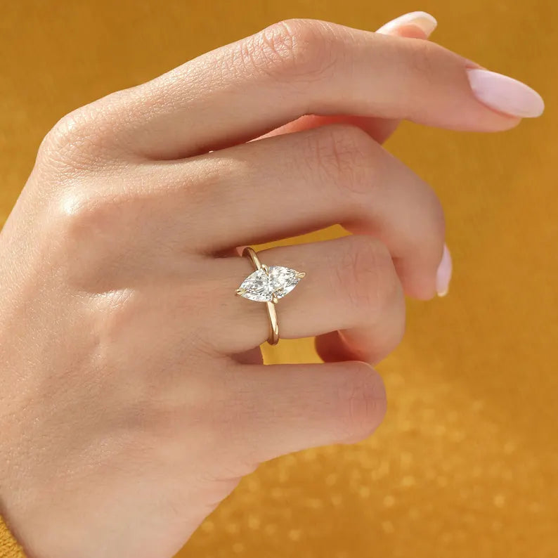 14K 1ct Natural Diamond Marquise Cut Solitaire Engagement Ring