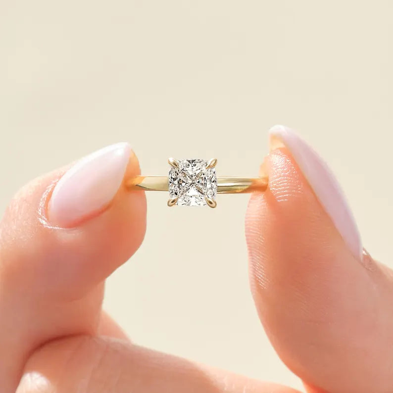 18K Solid Gold 1.00 CT Cushion Cut Natural Diamond Knife Edge Engagement Ring - Alternate Angle