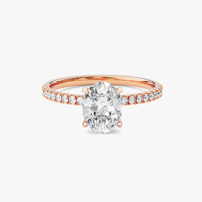 18K Solid Gold 1.00 CT Oval Cut Natural Diamond Hidden Halo Engagement Ring with Sidestones - Side View | Riyanika Jewels