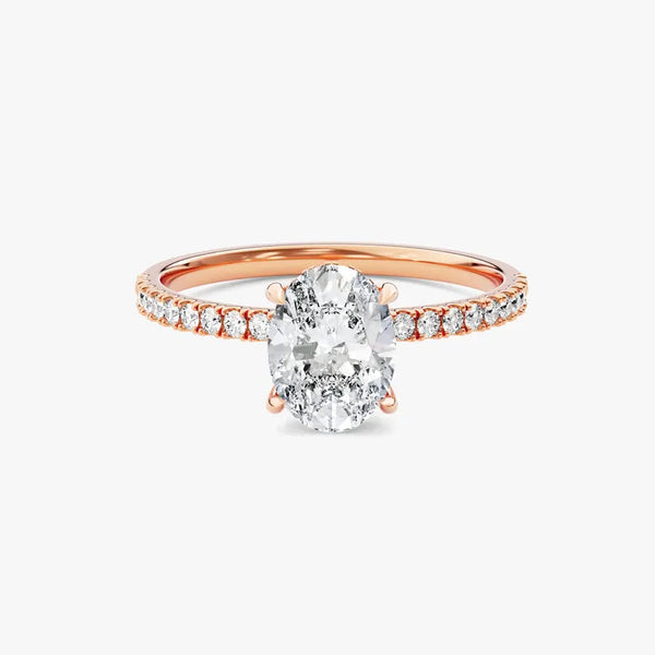 18K Solid Gold 1.00 CT Oval Cut Lab Grown Diamond Hidden Halo Engagement Ring with Sidestones - Side View | Riyanika Jewels