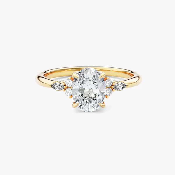 18K Solid Gold 1.00 CT Oval Cut Natural Diamond Cluster Accent Engagement Ring | Riyanika Jewels