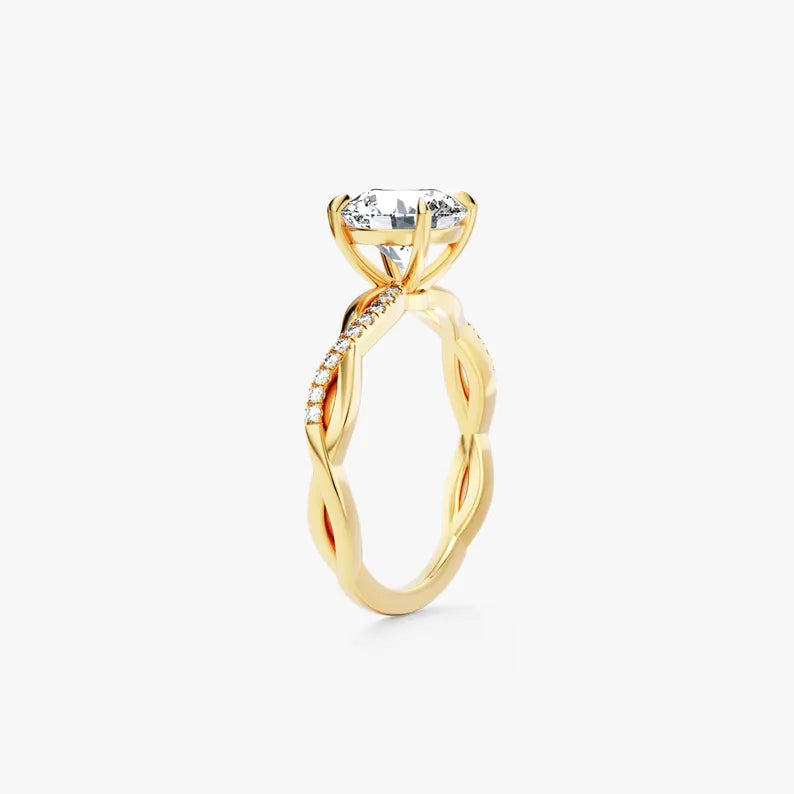 18K Solid Gold 2.00 CT Round Cut Twisted Natural Diamond Engagement Ring with Sidestones - Close Up