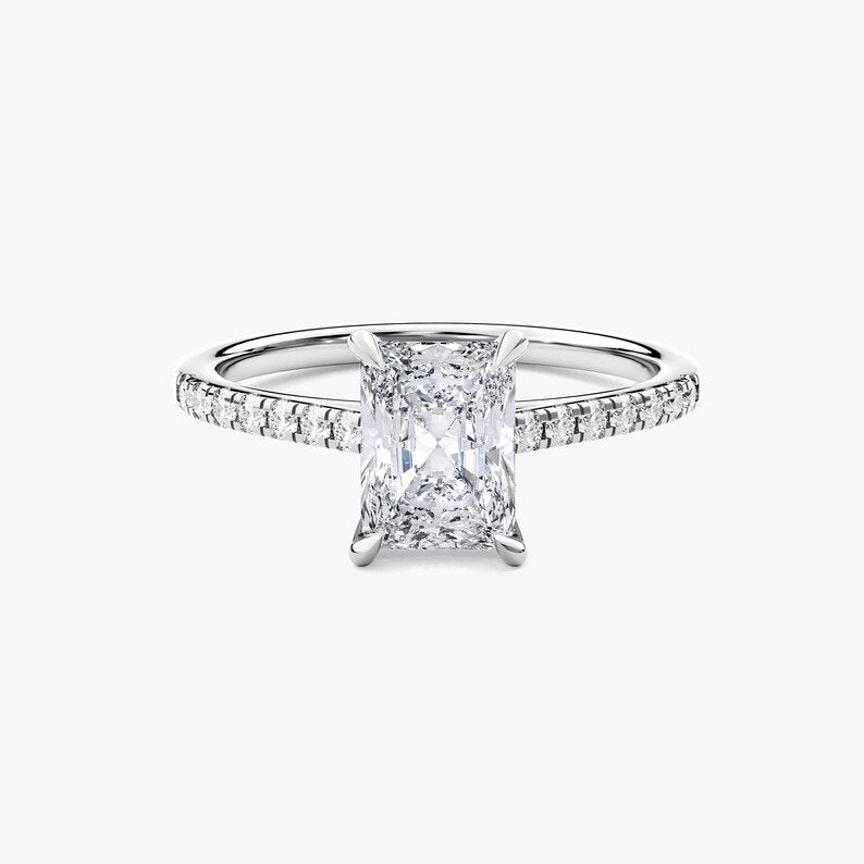 18K Solid Gold 1.00 CT Radiant Cut Natural Diamond Engagement Ring with Pave Set Side stones - Side View | Riyanika Jewels