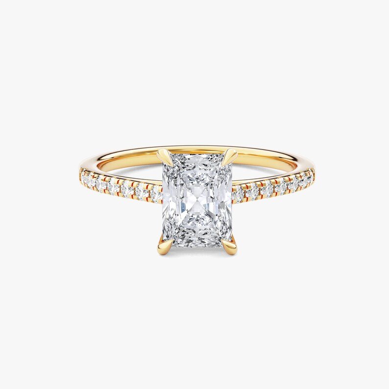 14K 1ct Natural Diamond Radiant Cut Side Stone Engagement Ring
