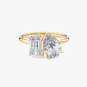 18K Solid Gold 2CT Toi et Moi Engagement Ring with Pear and Emerald Cut Natural Diamonds | Riyanika Jewels
