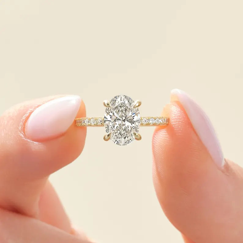 18K Solid Gold 1.00 CT Oval Cut Natural Diamond Hidden Halo Engagement Ring with - Alternate Angle