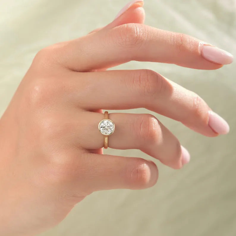 14K 1ct Lab Grown Diamond Round Cut Bezel Engagement Ring