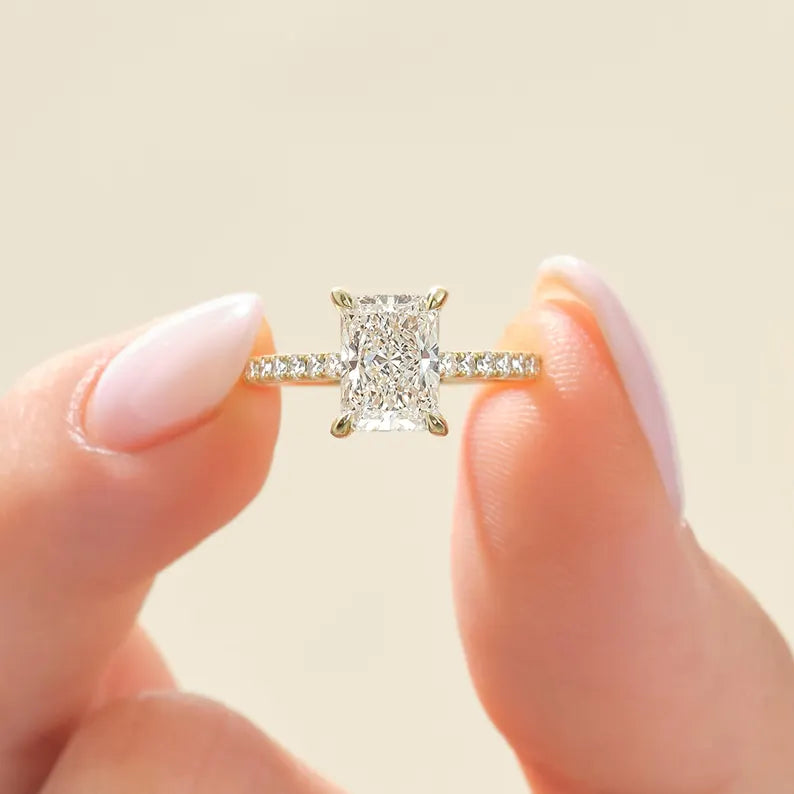 14K 1ct Natural Diamond Radiant Cut Side Stone Engagement Ring