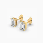 18K Solid Gold Natural Diamond Emerald Cut Solitaire Stud Earrings - Close Up | Riyanika Jewels