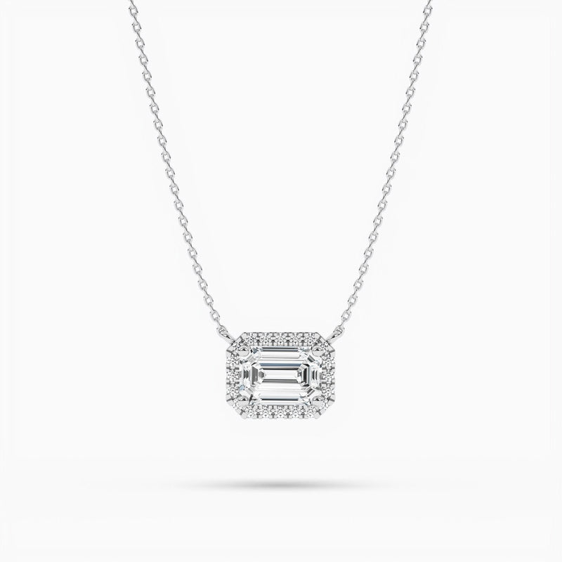 18K Solid Gold Lab Grown Diamond Emerald Cut Halo Necklace – Minimalist Gift for Women - Side View