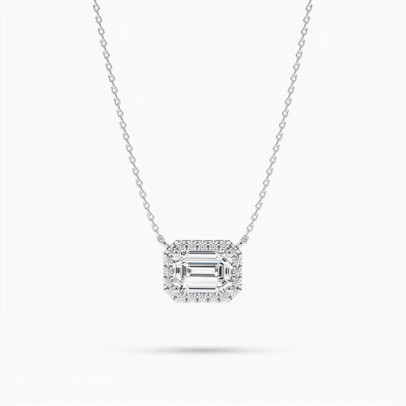 14K Lab Grown Diamond Emerald Cut Halo Necklace