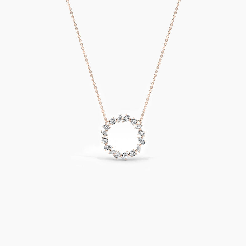 18K Solid Gold Natural Diamond Multi-Shape Cluster Necklace – Open Circle Bridal Pendant for Women - Detail | Riyanika Jewels