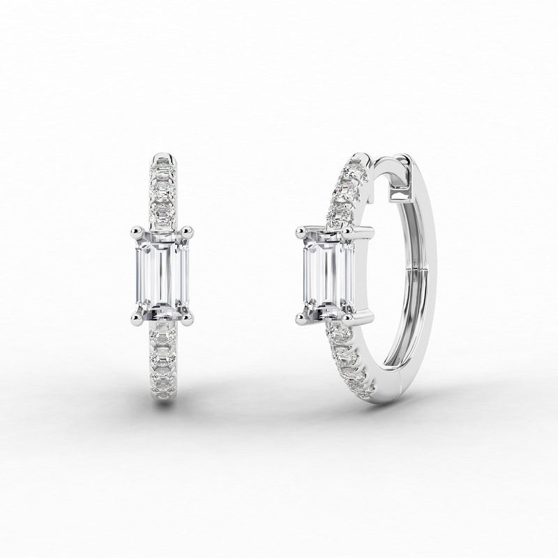 18k Solid Gold Baguette Cut Natural Diamond Huggie Hoop Earring - Alternate Angle | Riyanika Jewels