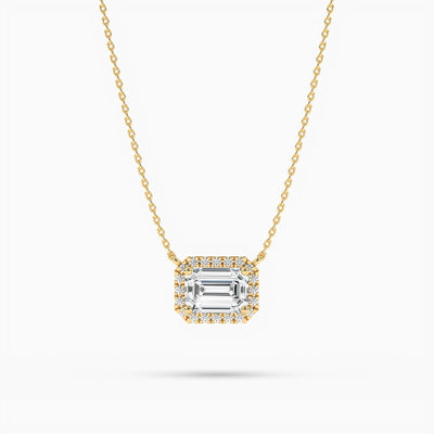 14K Natural Diamond Emerald Cut Halo Necklace
