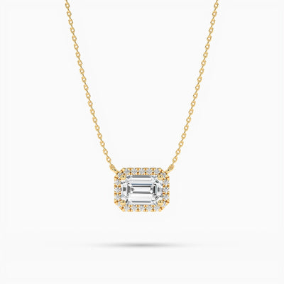 18K Solid Gold Natural Diamond Emerald Cut Halo Necklace – Minimalist Gift for Women