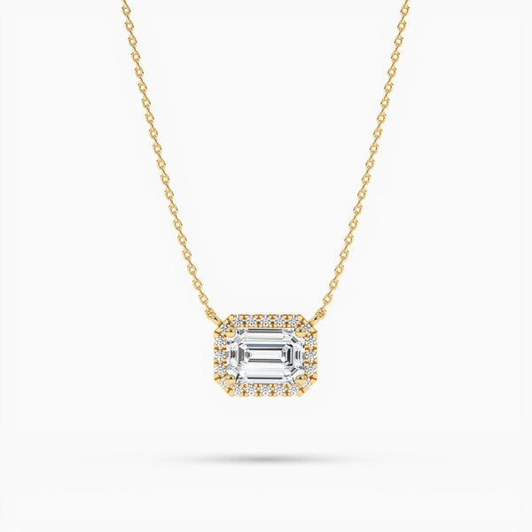 18K Solid Gold Natural Diamond Emerald Cut Halo Necklace – Minimalist Gift for Women