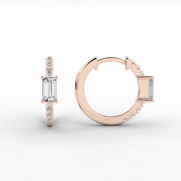 14K Natural Diamond Baguette Cut Huggie Hoop Earrings