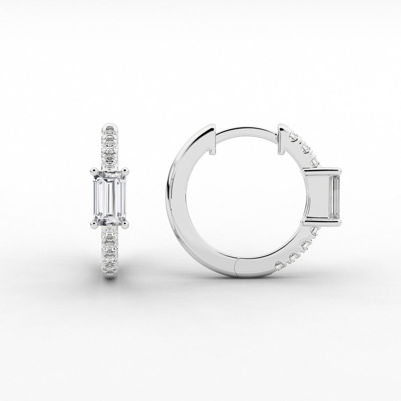 18k Solid Gold Baguette Cut Natural Diamond Huggie Hoop Earring - Close Up | Riyanika Jewels