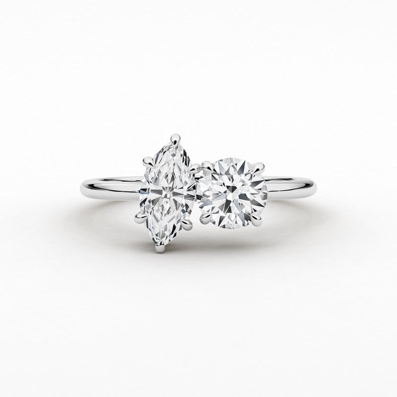 18K Solid Gold Lab Grown Diamond Toi et Moi Ring – Marquise & Round Two-Stone Engagement Ring - View 8 | Riyanika Jewels